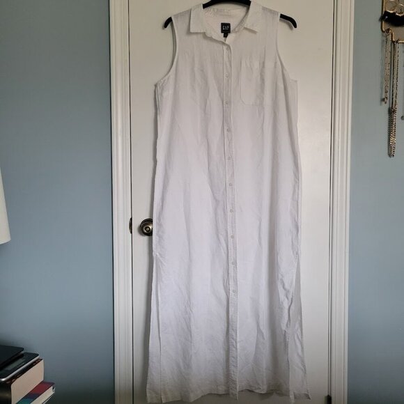 NEW Gap Linen Maxi Shirtdress Large Petite White Button Womens Sleeveless - Picture 1 of 10